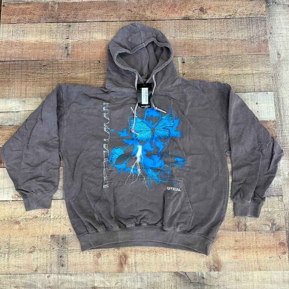 Boohoo Man dark grey butterfly graphic print overdye hoodie men's Large